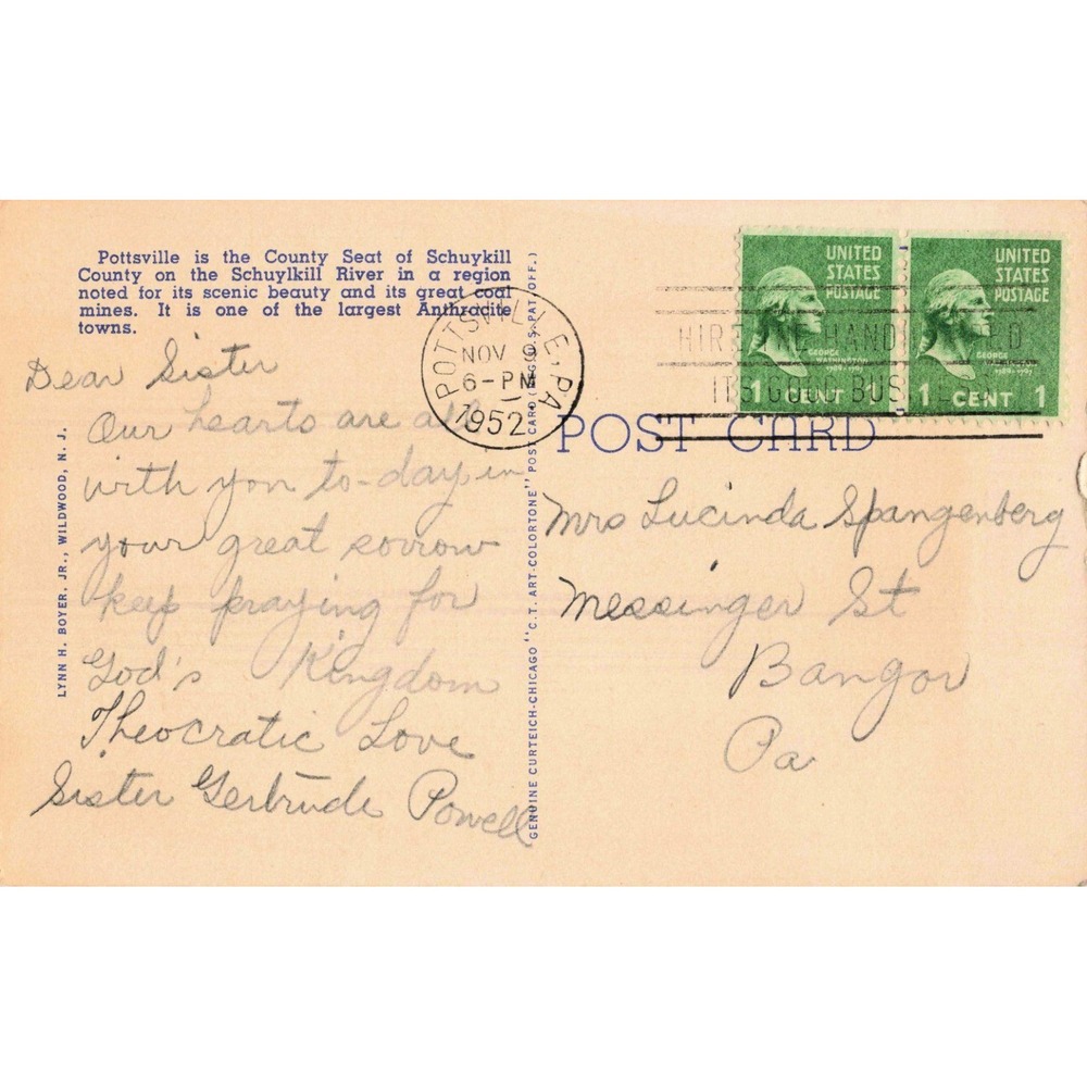 Vintage Pottsville PA Post Office P & R Coal Iron Co Building Postcard 1952 - Picture 2 of 2